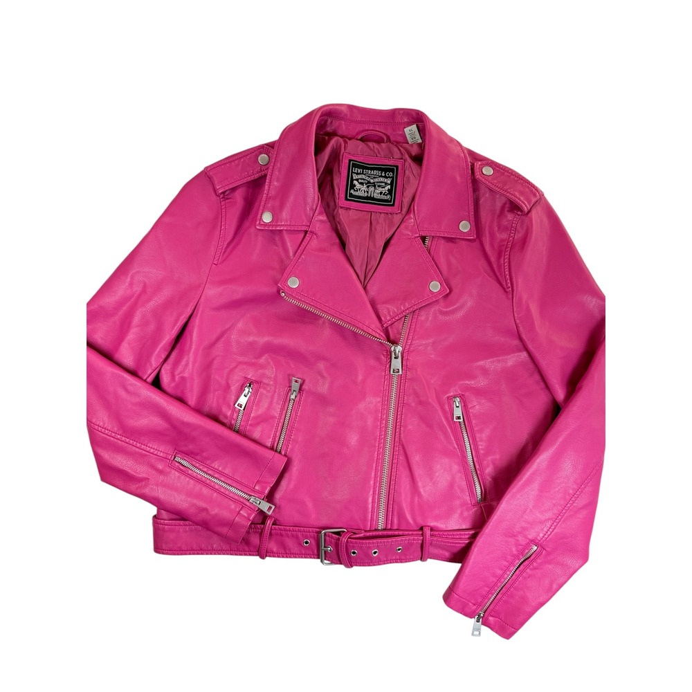 Levi's Faux Leather Moto Jacket Women XL Pink Belted Asymmetrical Zip LW8RU808